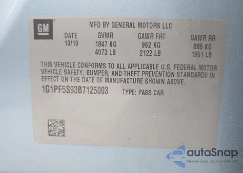 2011 Chevrolet Cruze 1Lt z USA, uszkodzony, nr VIN 1G1PF5S93B7125003